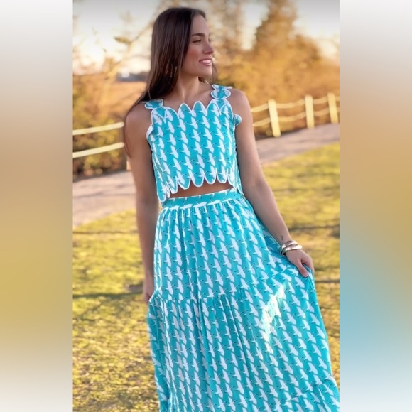 Victoria Dunn Lupine Scalloped Cotton Crane Print Top Skirt Set Sz XS RARE - Picture 4 of 15